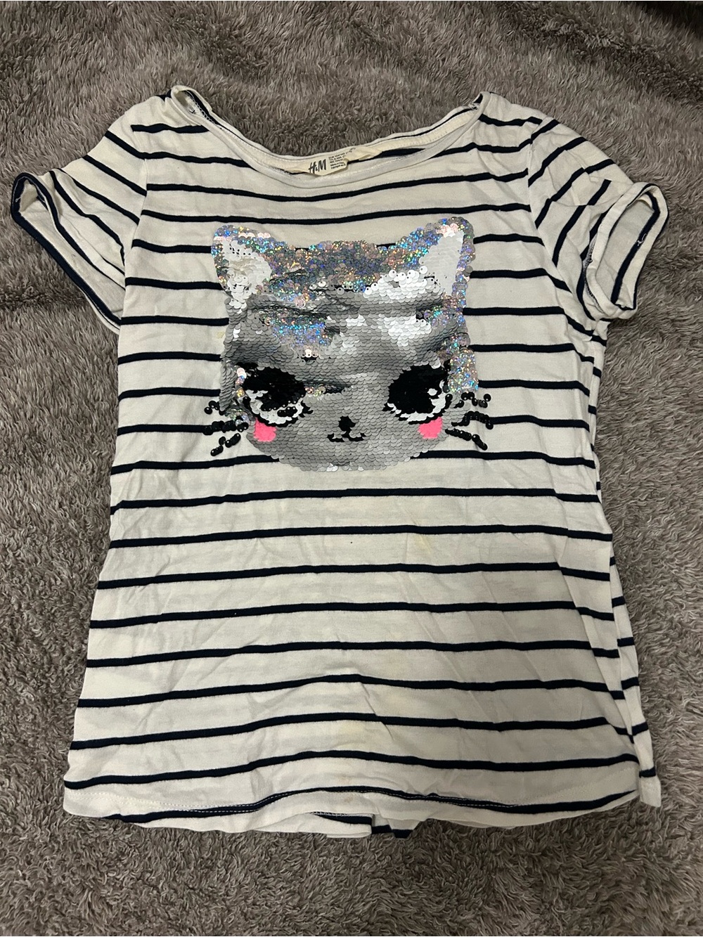 3/$20 H&M White & Navy Striped Sequin Cat Short Sleeve Tee